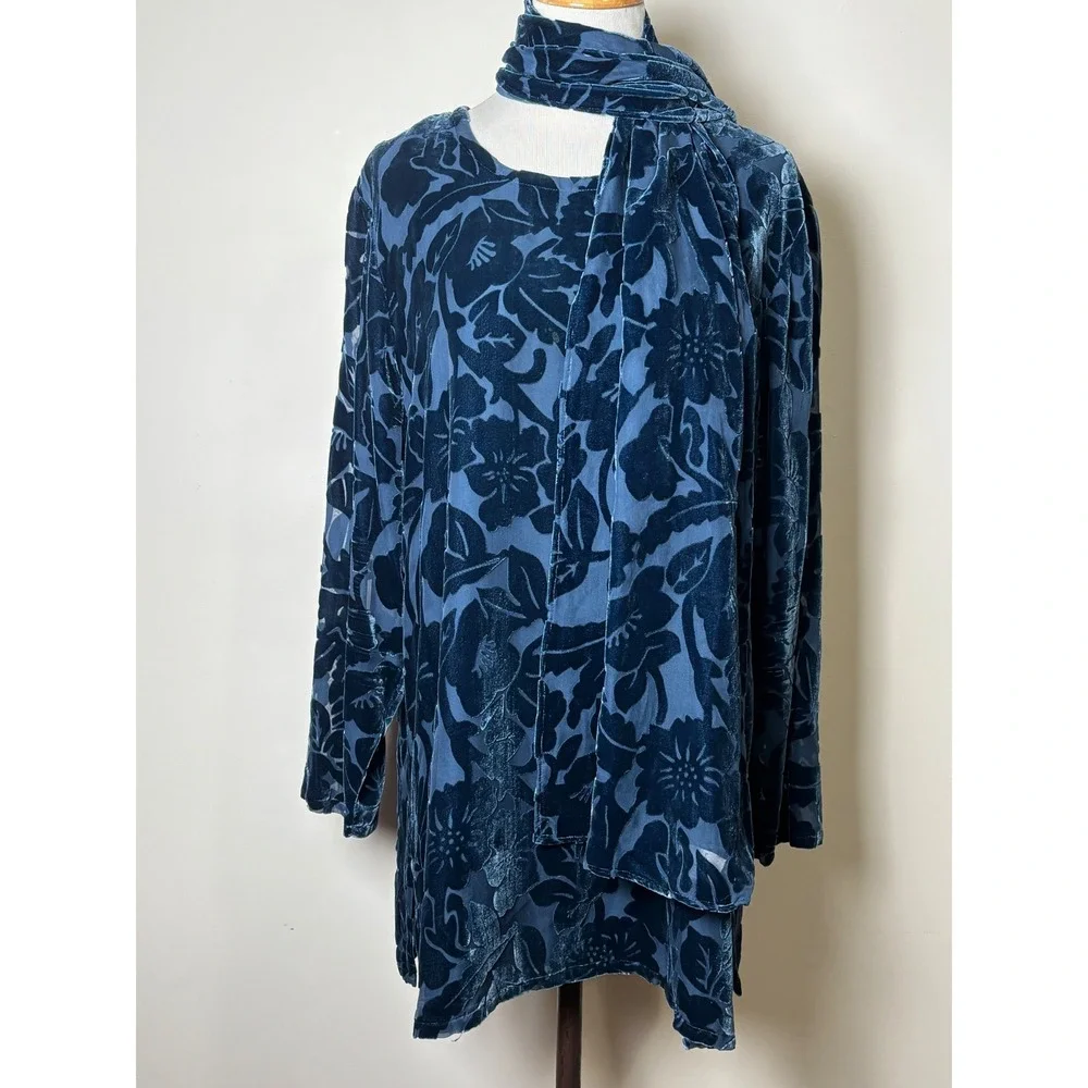 Silk Lore Silk Blend‎ Velvet Burnout Tunic Blouse Scarf Set 1X Dressy Elegant